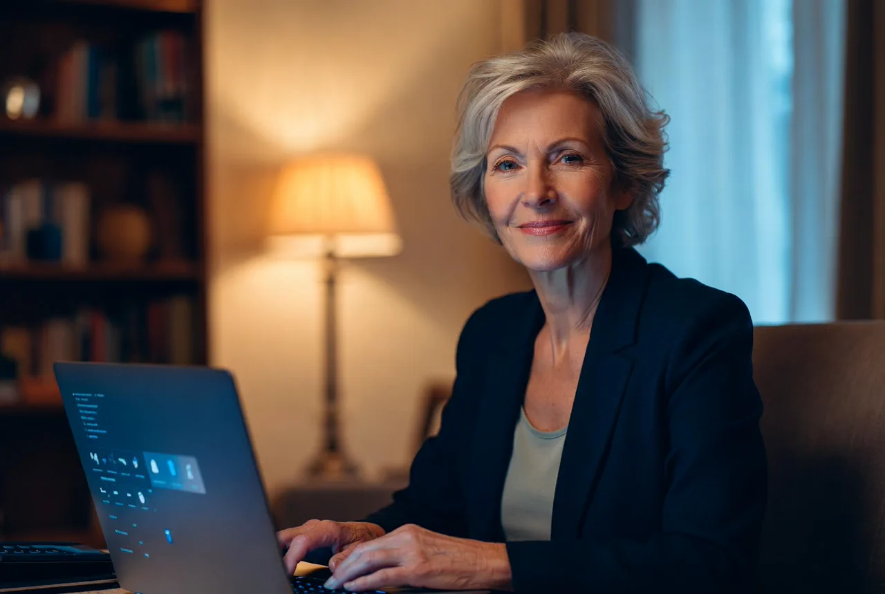 Selbstbewusste Frau ab 50 lernt neue digitale Skills am Laptop zu Hause